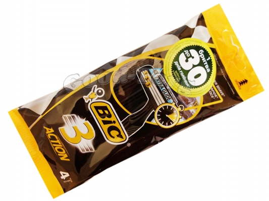 Одноразовый станок BIC 3 ACTION, оригинал, 1 уп = 4 шт. (Греция)